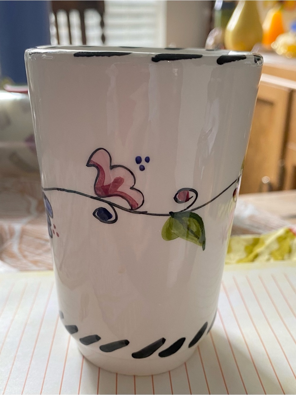 Vintage Hand-painted ceramic tumbler with floral motif. Florals pink,blue&black